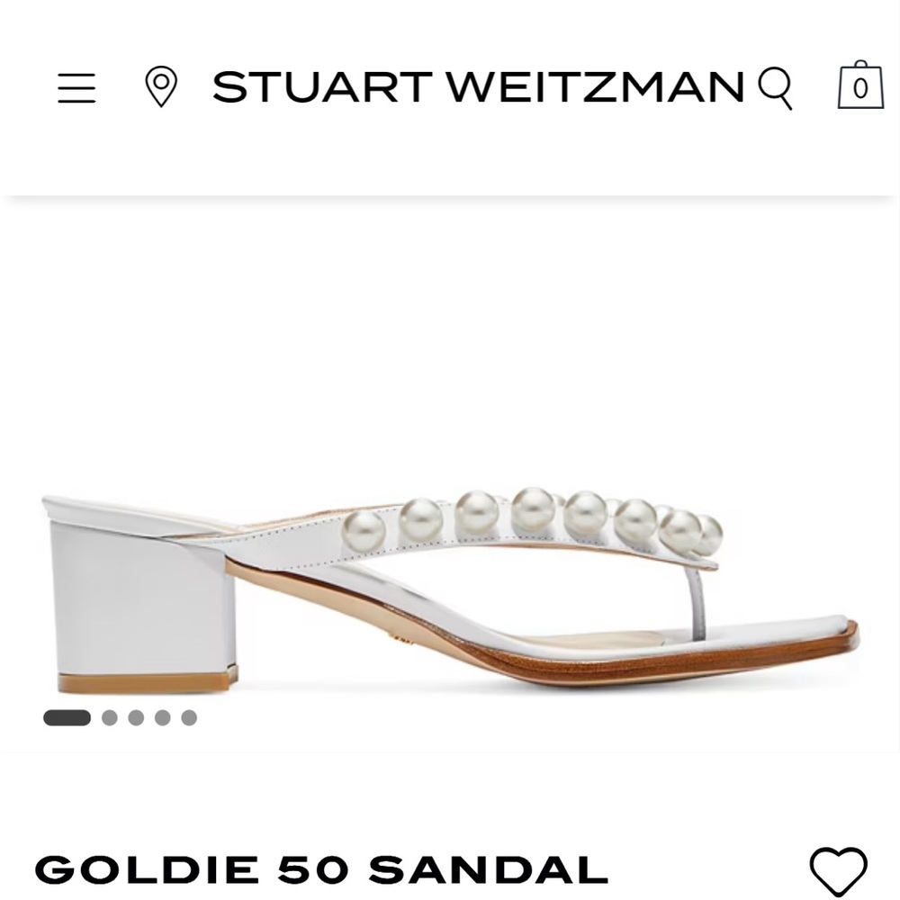 Stuart Weitzman the Goldie 50 silver thong block heel with faux pearls size 7